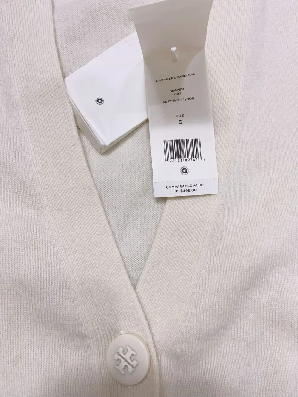 NWT $498 Tory Burch 100% Cashmere V-Neck Button Cardigan Sweater Ivory Sz S